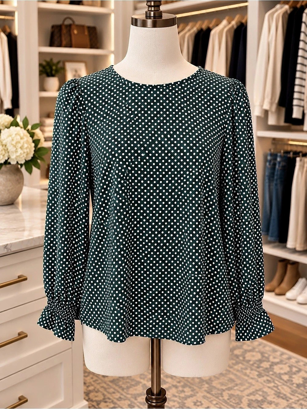 Loft Polka Dot Long Sleeve Blouse in Green & White Like New